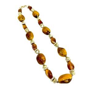 Chunky beaded chain necklace vintage 1980's gold & brown faux stone jewelry
